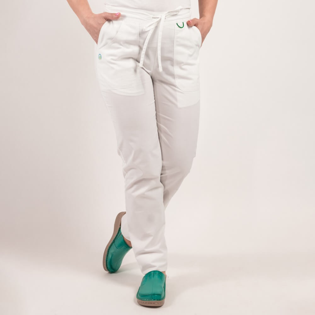 Pantaloni medicali Lotus Flex, stretch, cu elastic si snur, alb, CVC-SP2