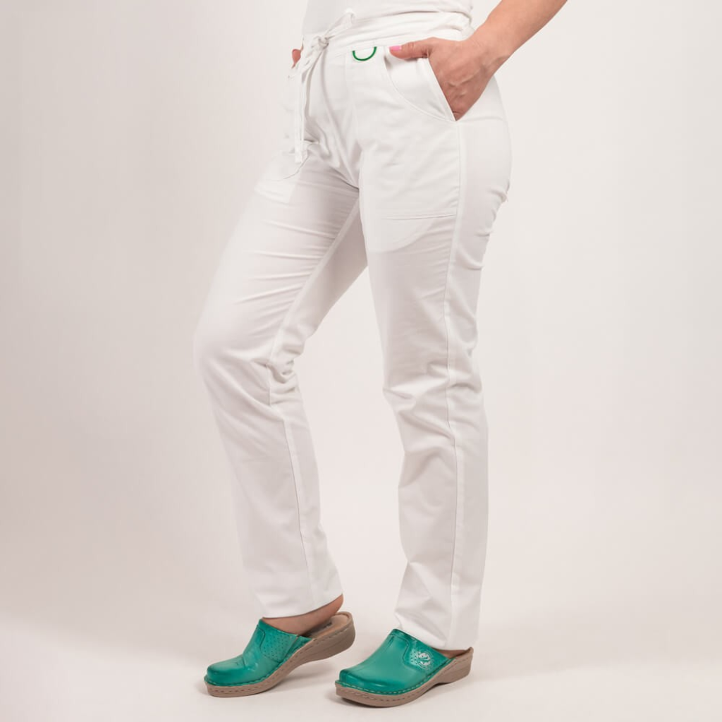 Pantaloni medicali Lotus Flex, stretch, cu elastic si snur, alb, CVC-SP2